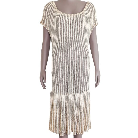 Vintage Boho Striped Knitted Off Shoulder Cottagecore Summer Vacation Midi Dress